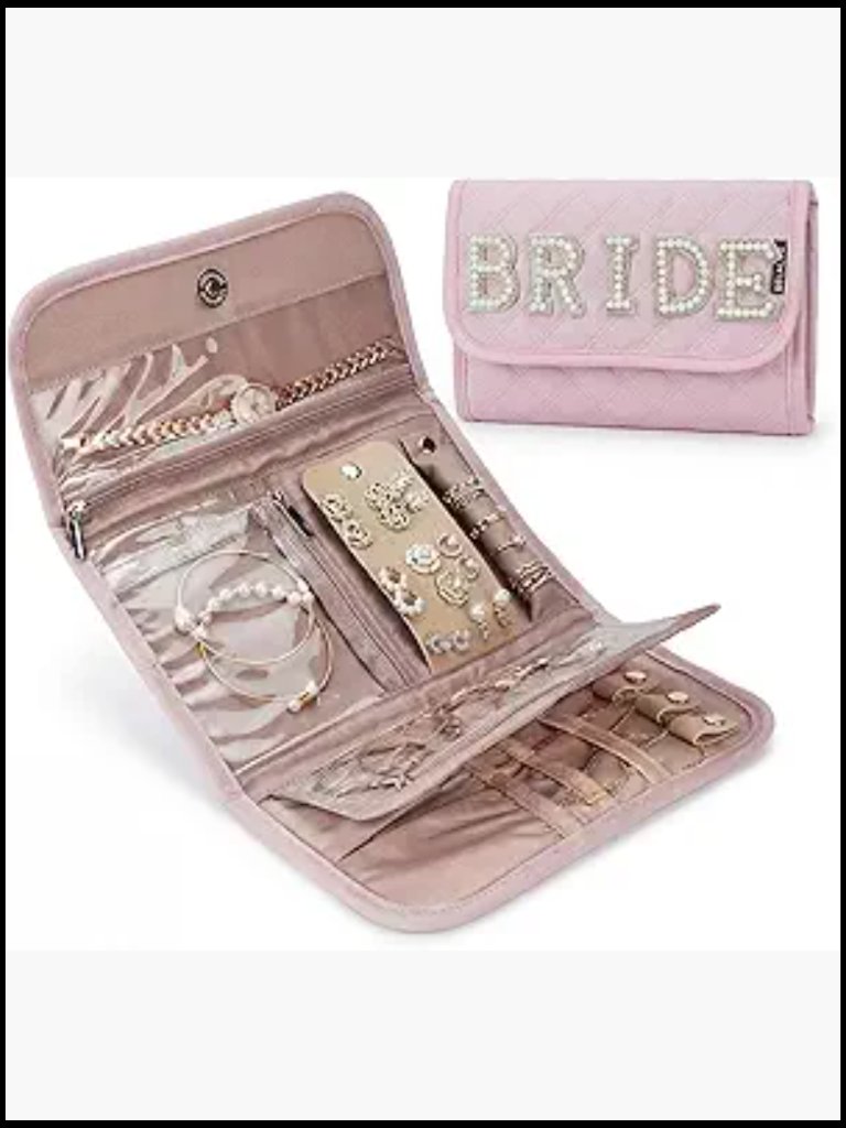 Travel Jewelry Organizer Case Foldable Mini Pouch Soft Pink Roll Bridal